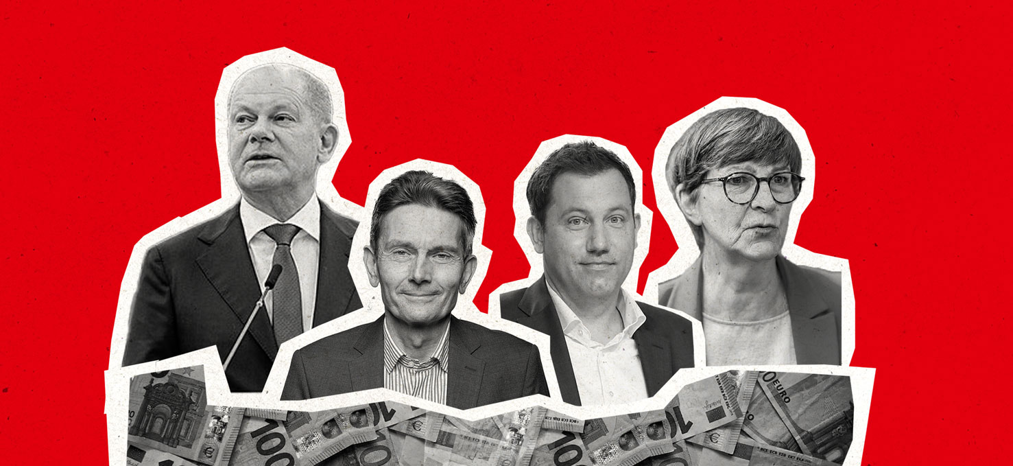 Olaf Scholz, Rolf Mützenich, Lars Klingbeil und Saskia Esken, Geld ist da!
